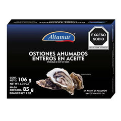 Ostiones ahumados enteros en aceite 106g